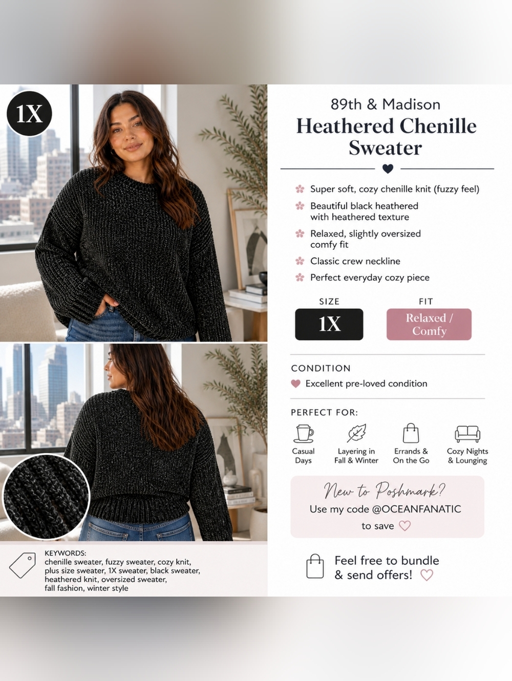 89th & Madison Black Heathered Chenille Sweater – 1X - Picture 2 of 8